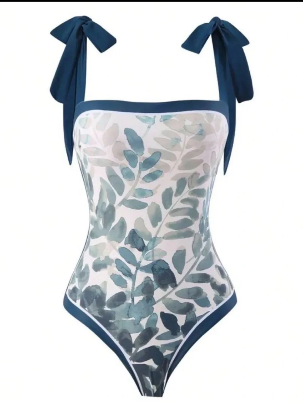 Blue Leaf Print Tie-Shoulder One-Piece Swimsuit with Matching Sarong - Picture 2 of 3